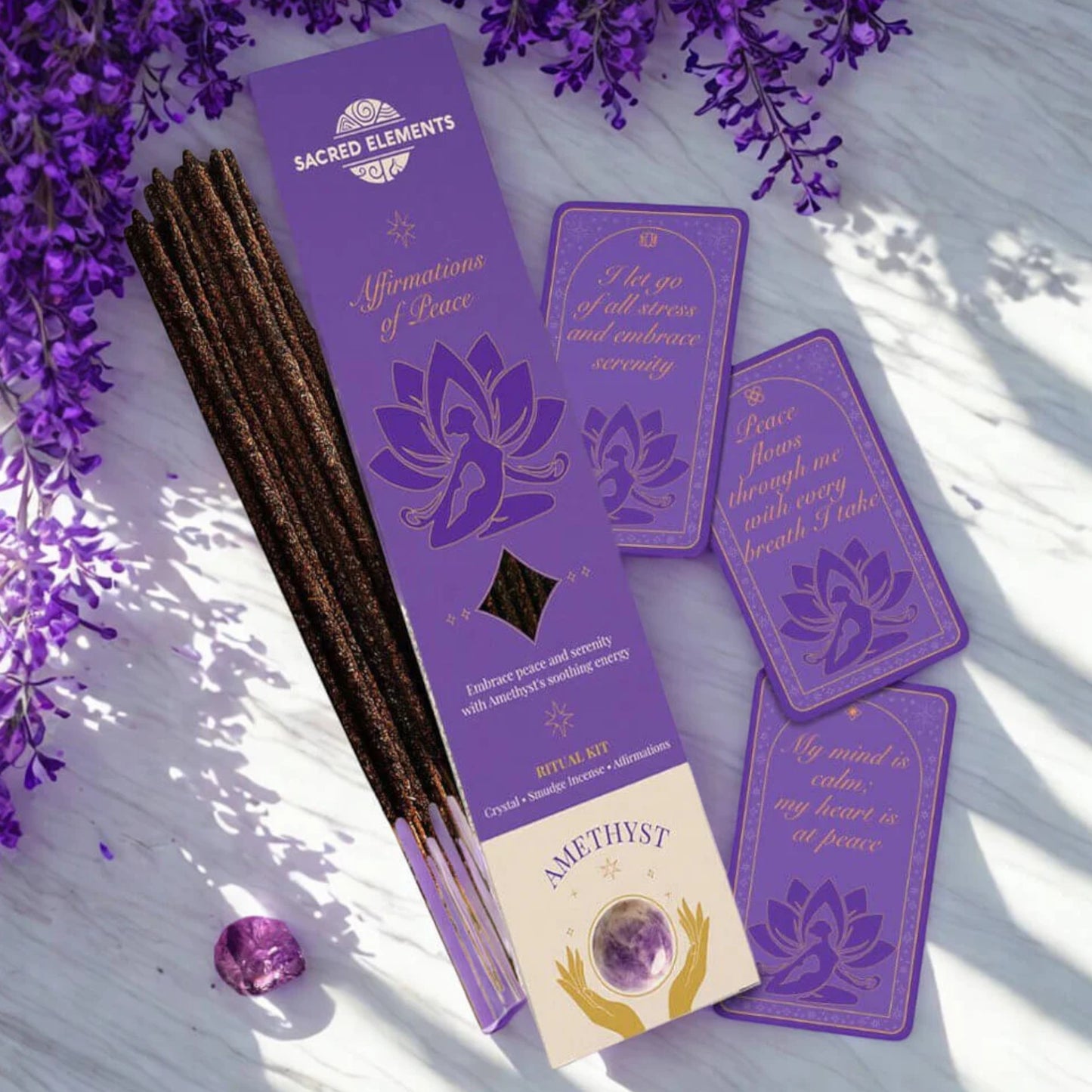 Sacred Elements Amethyst Ritual Incense Kit Affirmation of Peace, 6 Sticks