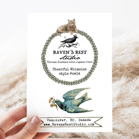 Greeting Card. Vintage Cat Riding Flying Bird.