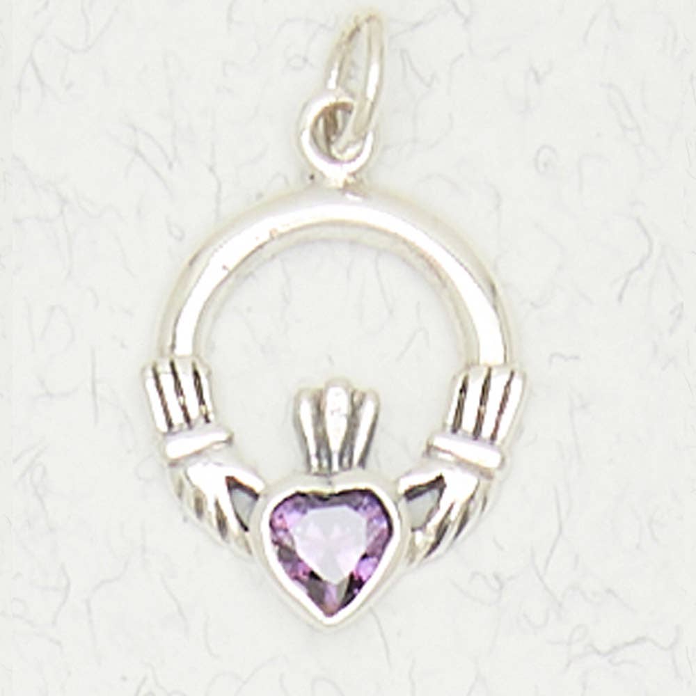 Claddagh Heart w Amethyst CZ - Sterling Silver Pendant on Necklace