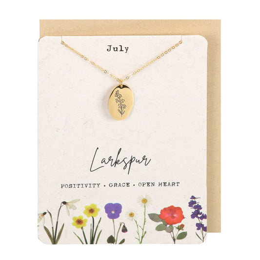 July Larkspur Birth Flower Necklace on Greeting Card