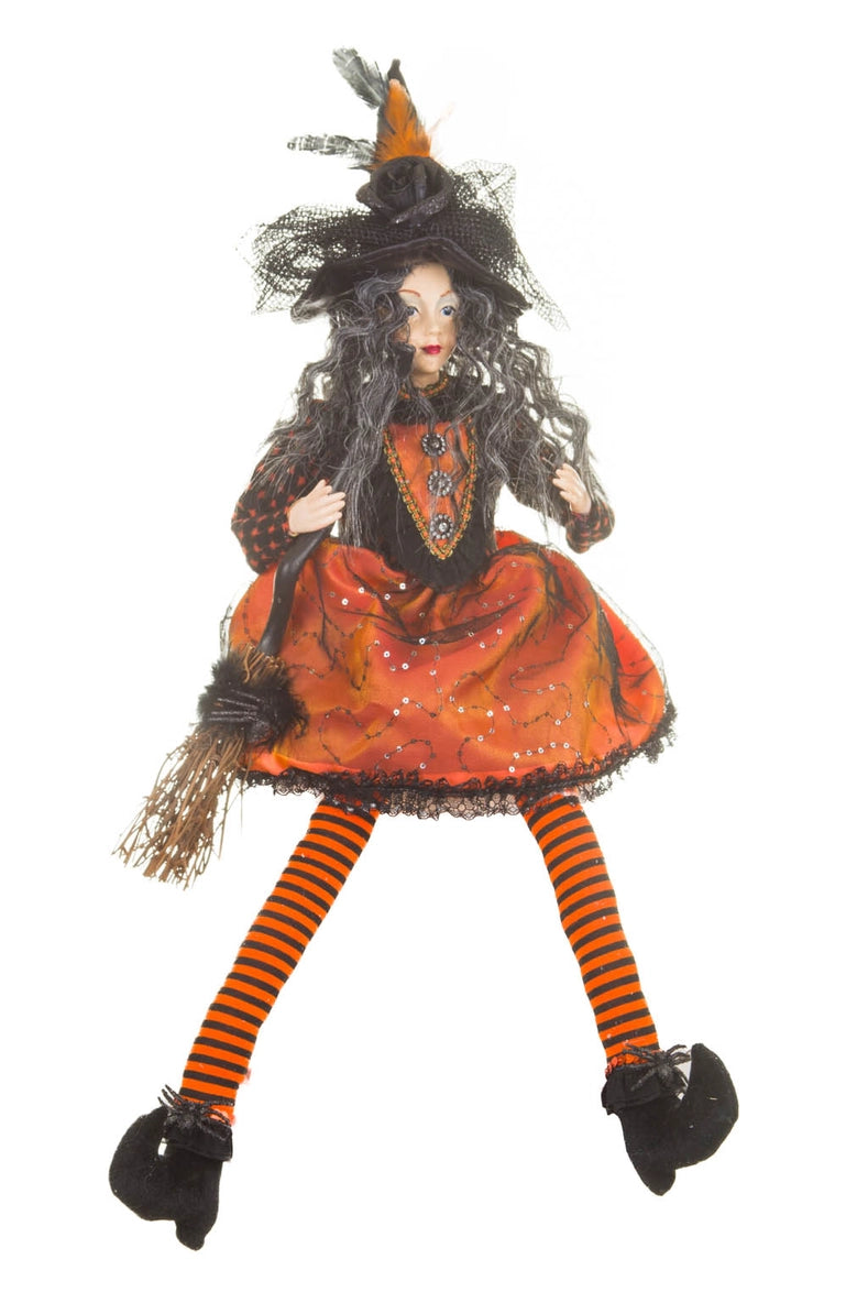 Orange/Black Sitting Witch with Broomstick