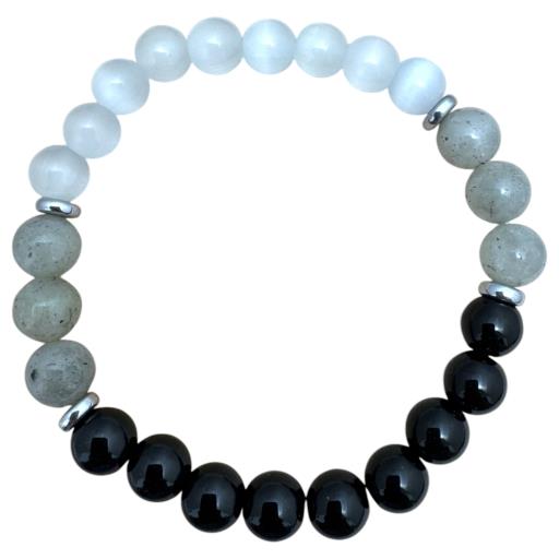 Protection Bracelet: Selenite, Labradorite, Black Agate 8mm