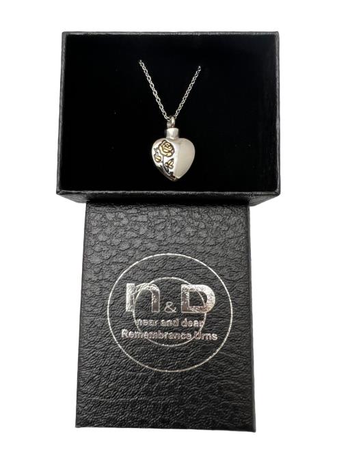Memorial Urn Pendant - Silver Heart w Rose