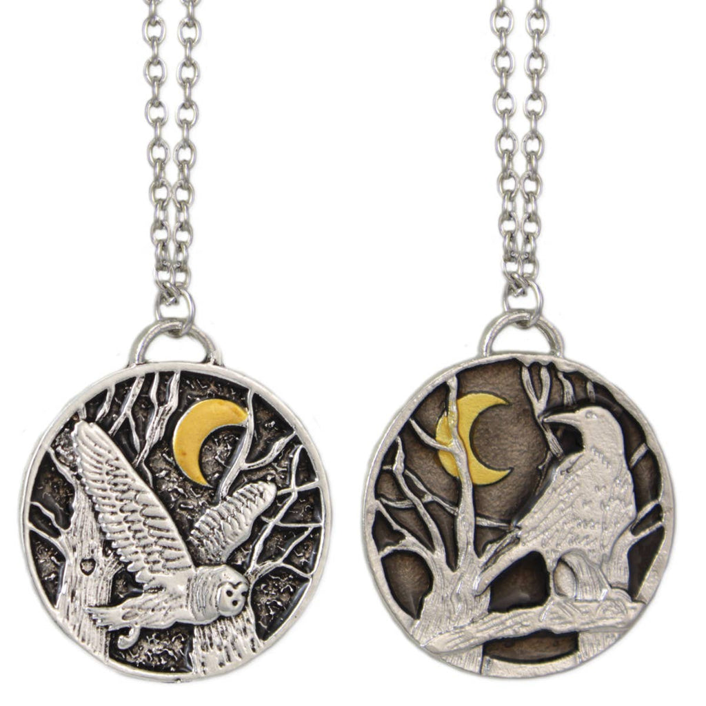 Night Birds Raven and Owl Silver Round Necklaces