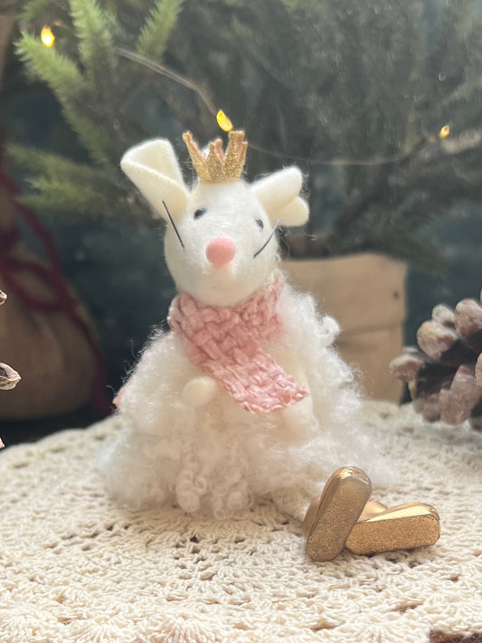 White/Pink Furry Sugarplum Mouse Princess Ornament