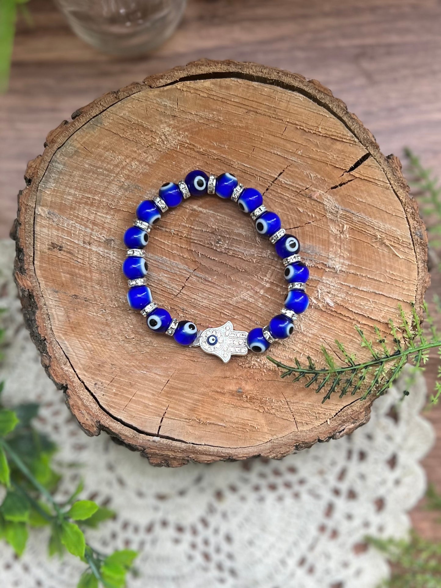 Glass Bead Evil Eye Bracelet with Fatima Hand