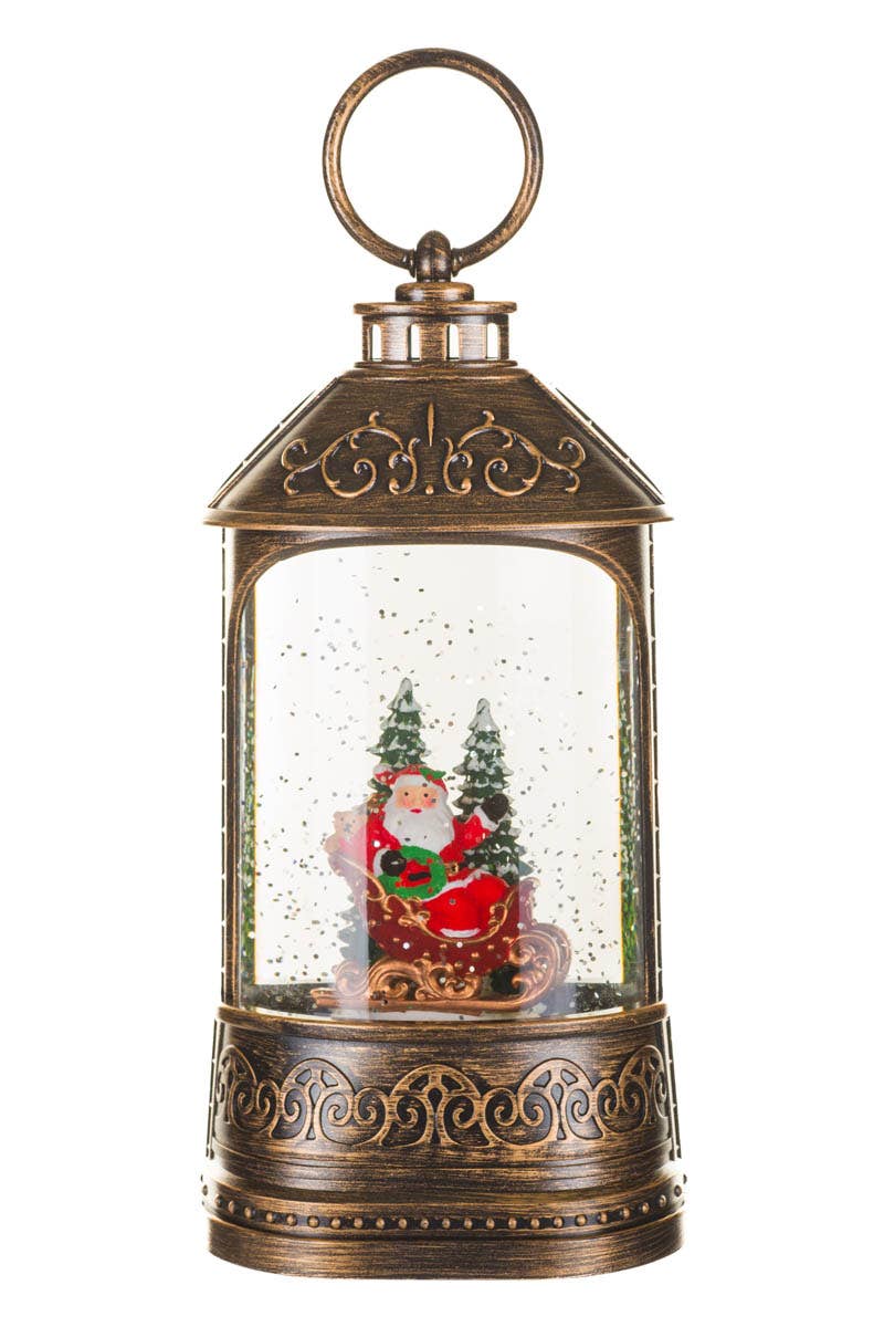 Bronze Led Lantern Snow Globe W/ Waving Santa In Sleigh
