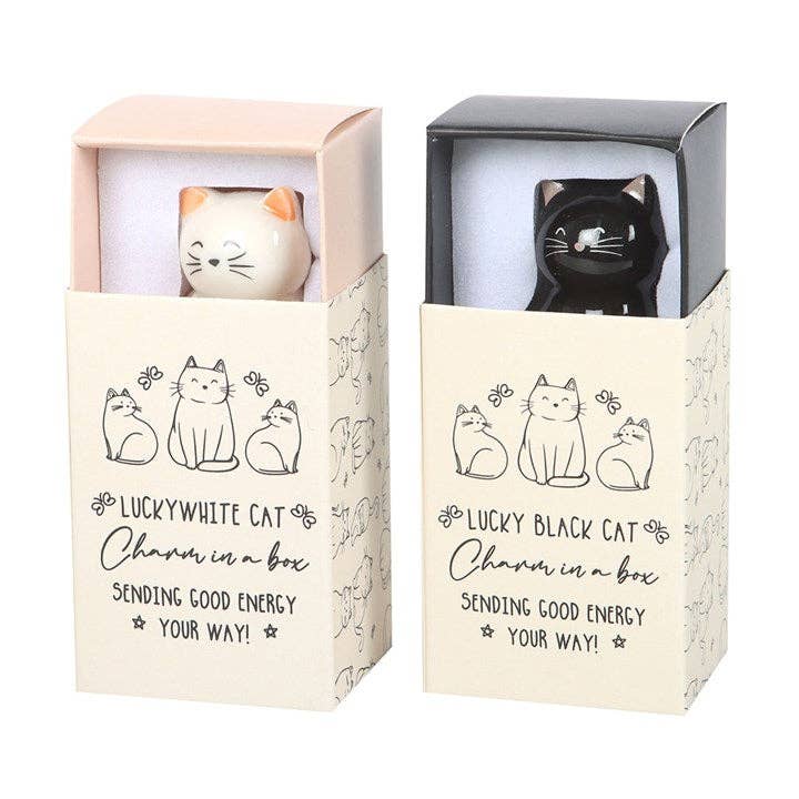 White & Black Lucky Cat Charms in a Box