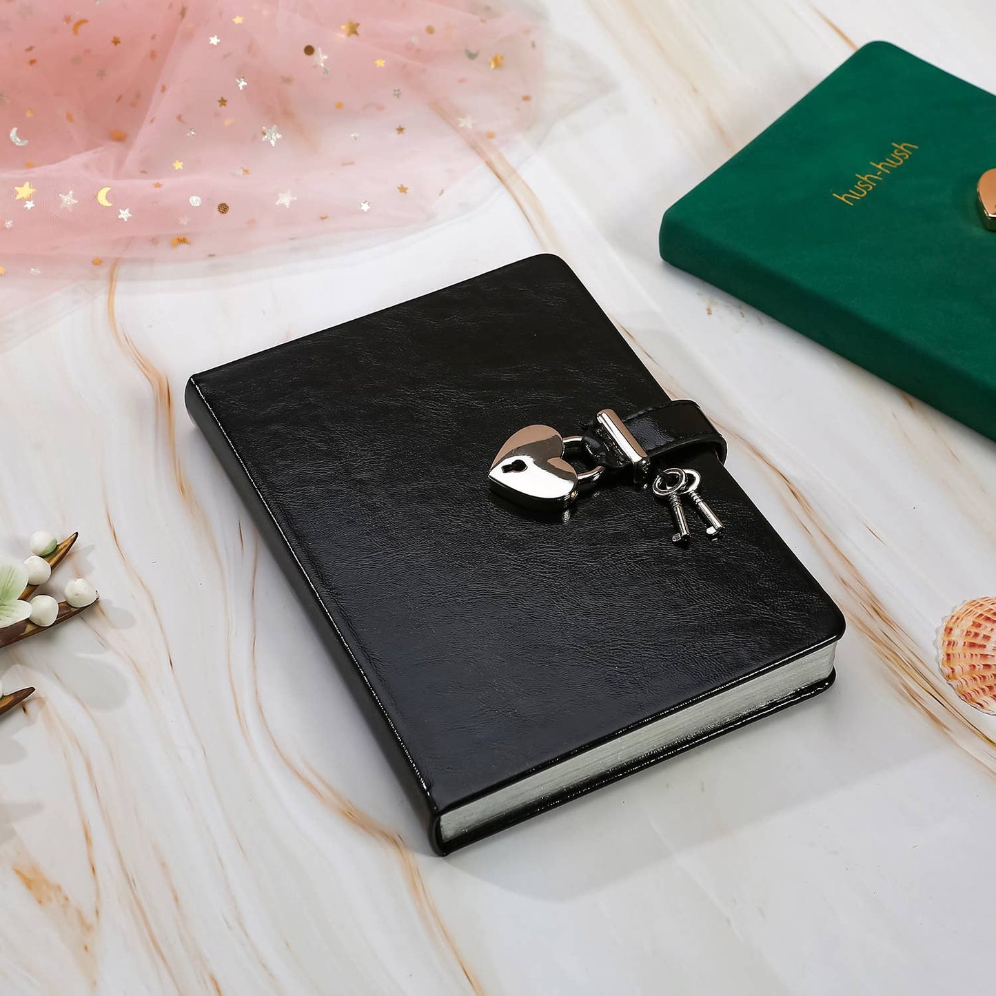 "Hush-Hush" Heart Lock Diary - Metallic Black Leather