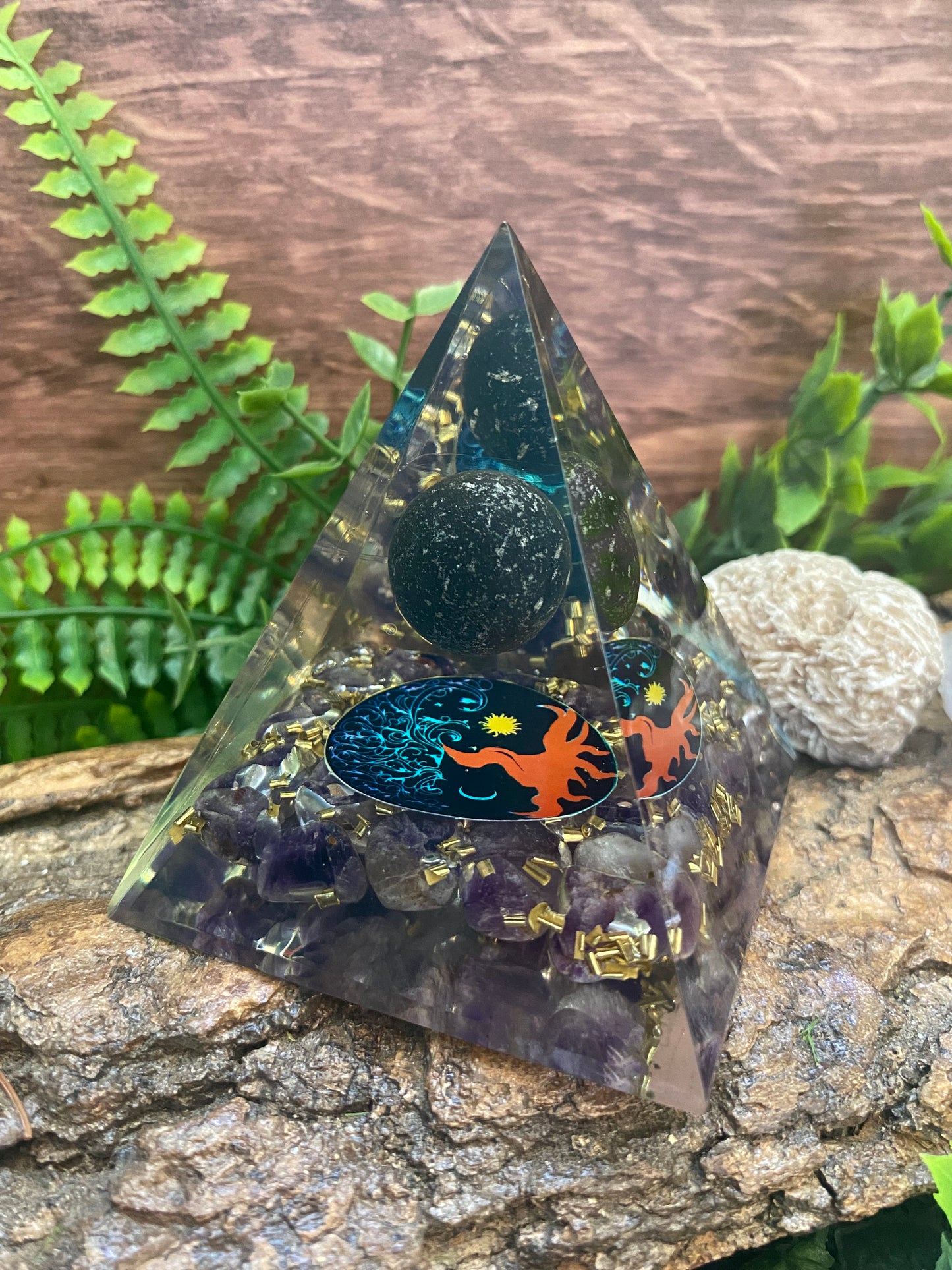 Amethyst Chip Orgonite Pyramid w/ Black Crystal Sphere