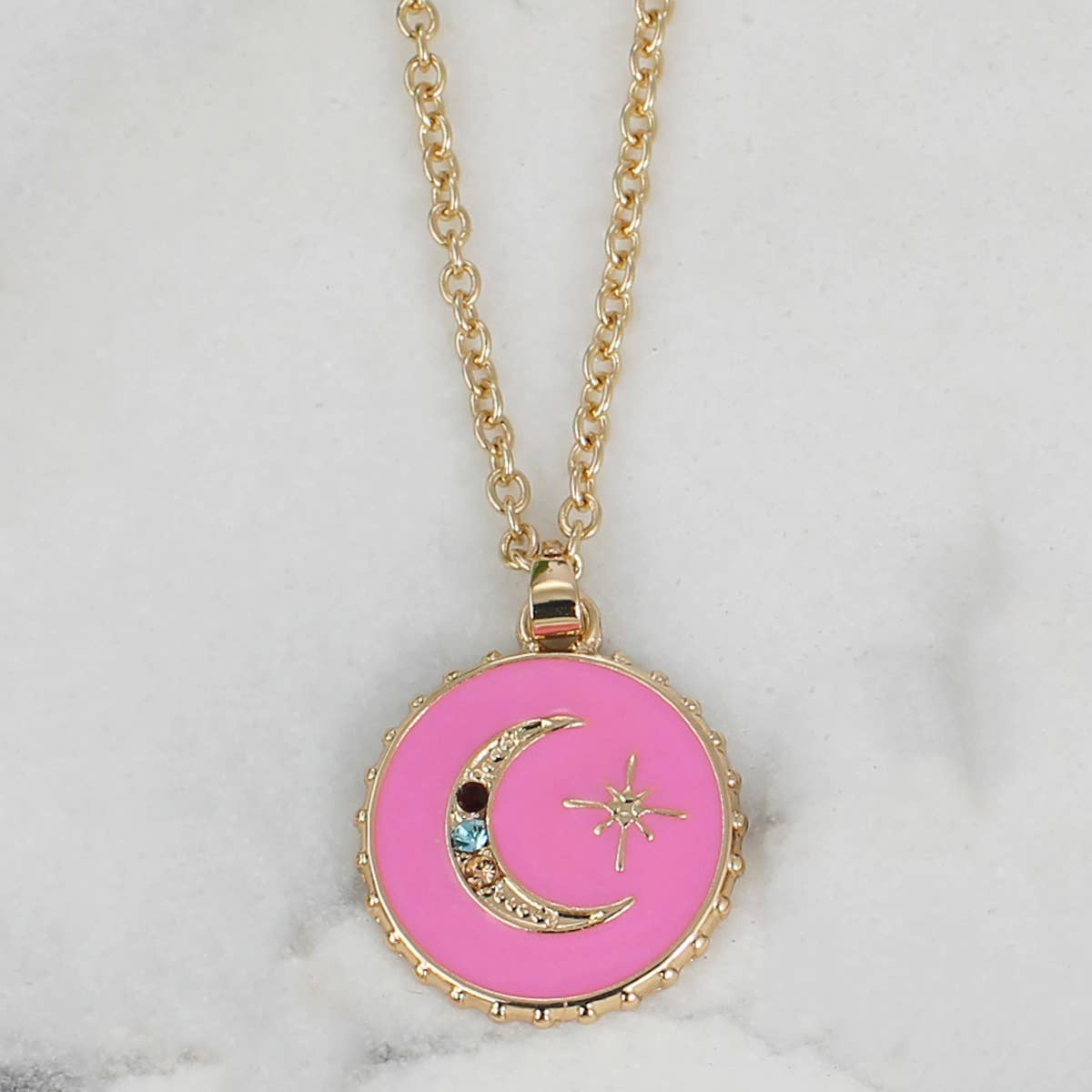 Sparkling Moon Round Charm Necklace