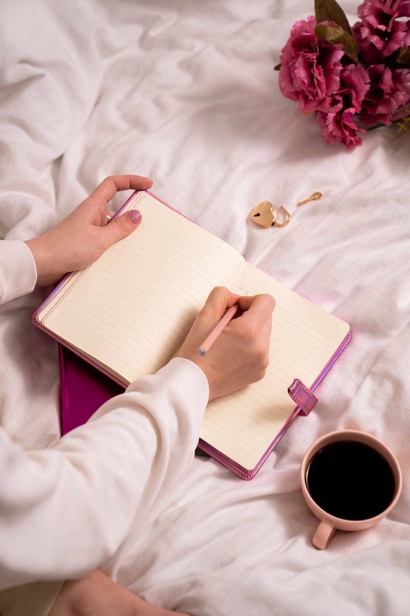 "Hush-Hush" Heart Lock Diary - Metallic Black Leather