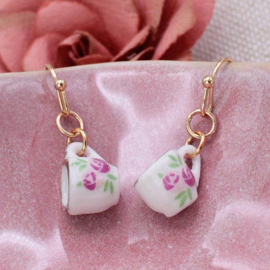 Tea Time Pink Floral Teacup Gold Earrings