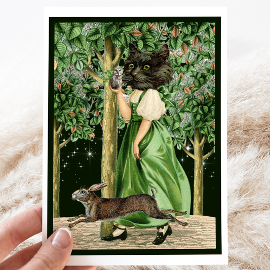 Greeting Card. Vintage Black Cat Holding Owl.