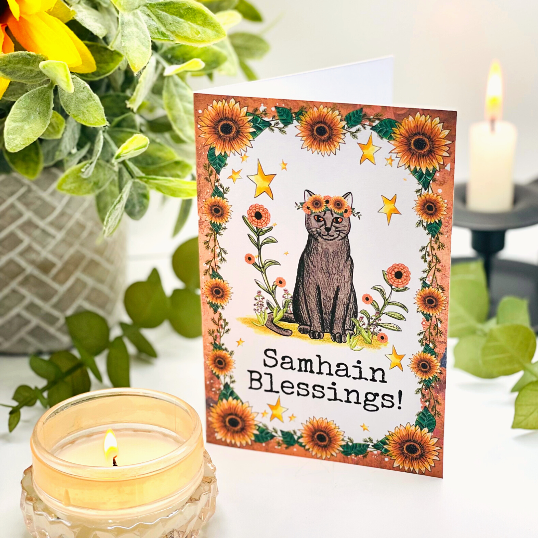 Samhain Witchy Cat Blank Greeting Card