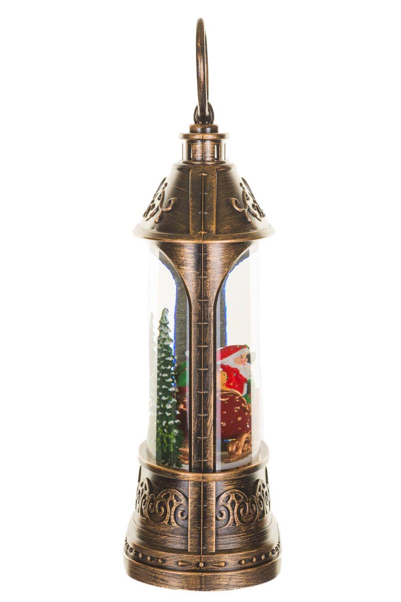 Bronze Led Lantern Snow Globe W/ Waving Santa In Sleigh
