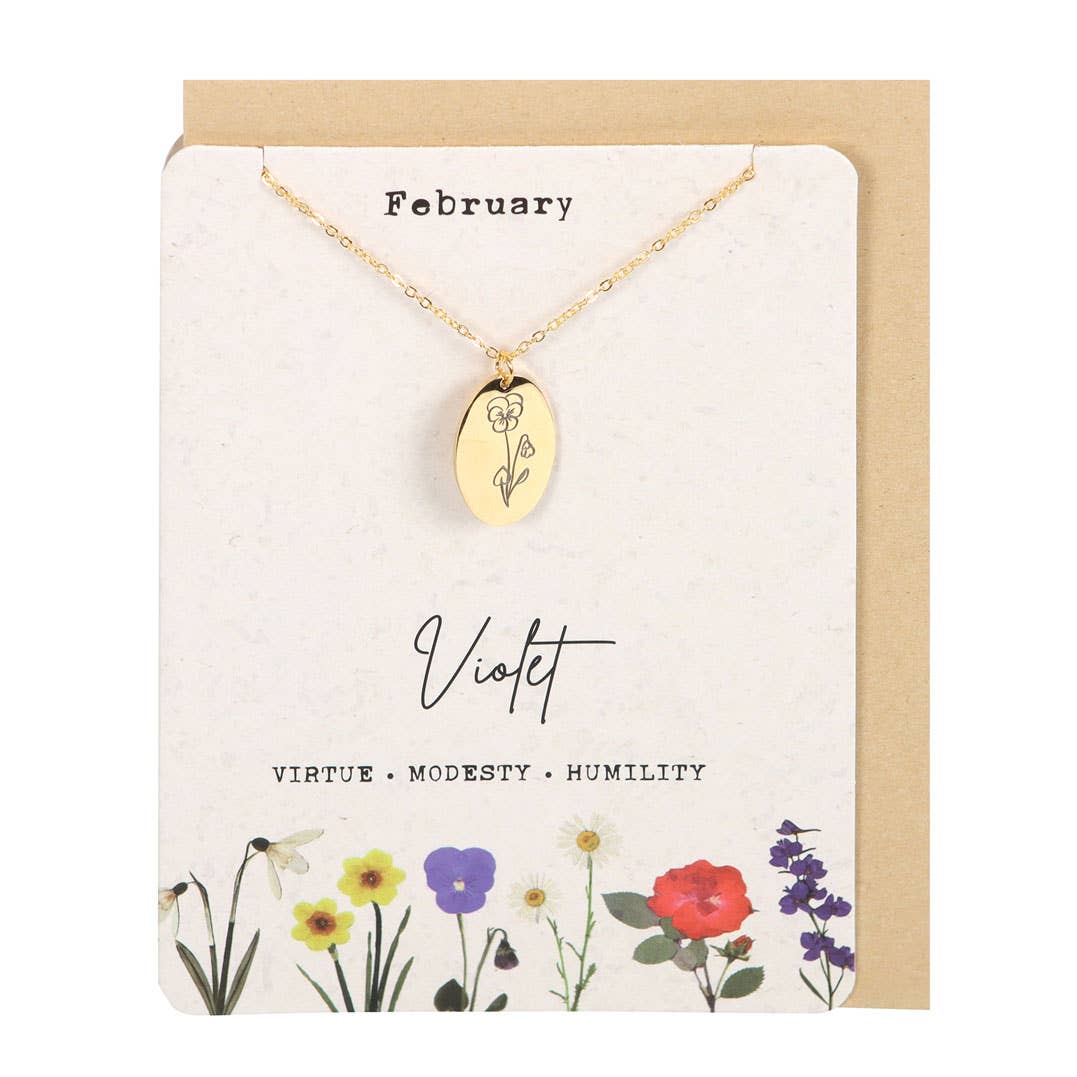 February Violet Birth Flower Necklace on Greeting Card