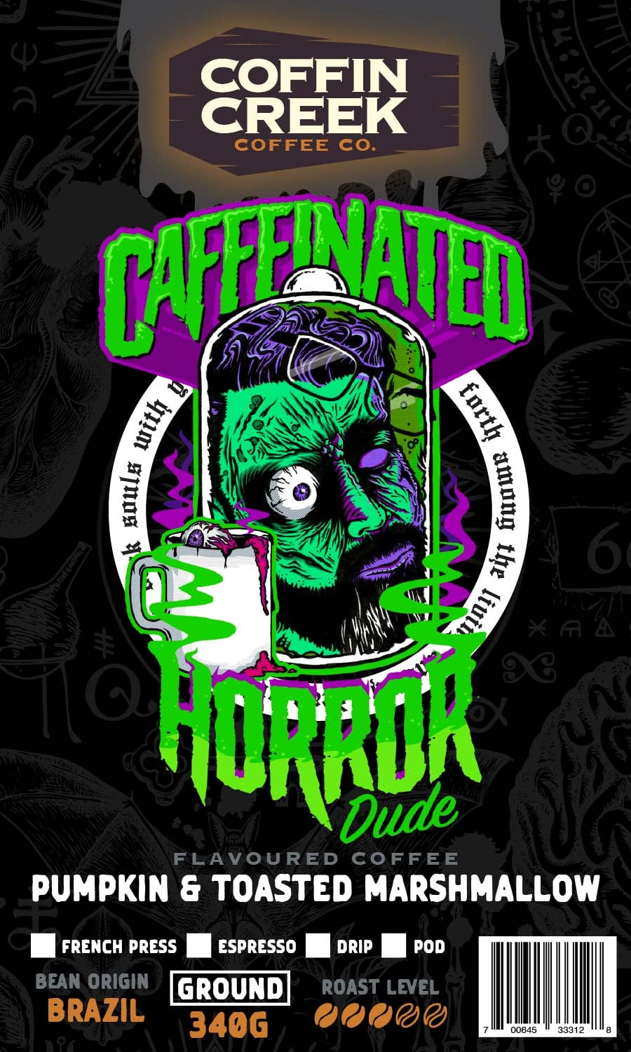 Caffeinated Horror Dude - Pumpkin Marshmallow Flavor : 340 Grams / Drip Coffee Maker Grind