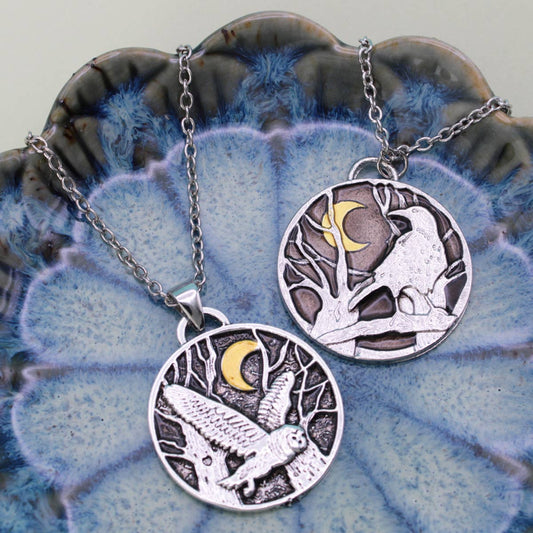 Night Birds Silver Round Necklaces