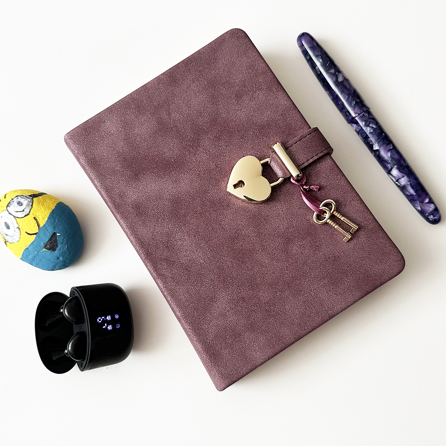 "Hush-Hush" Soft-Touch Heart Lock Diary - Mauve Leather