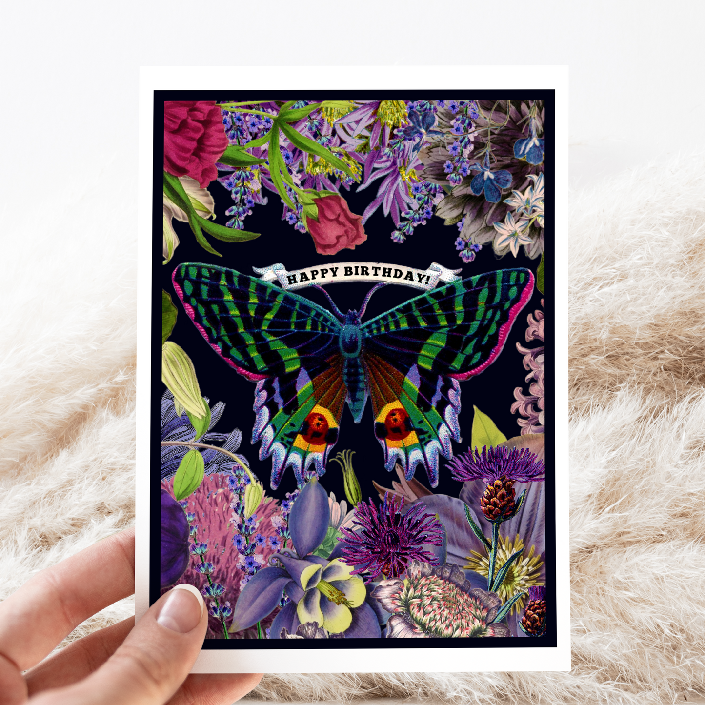 Birthday Card. Vintage Butterfly. Purple Flowers. Floral.