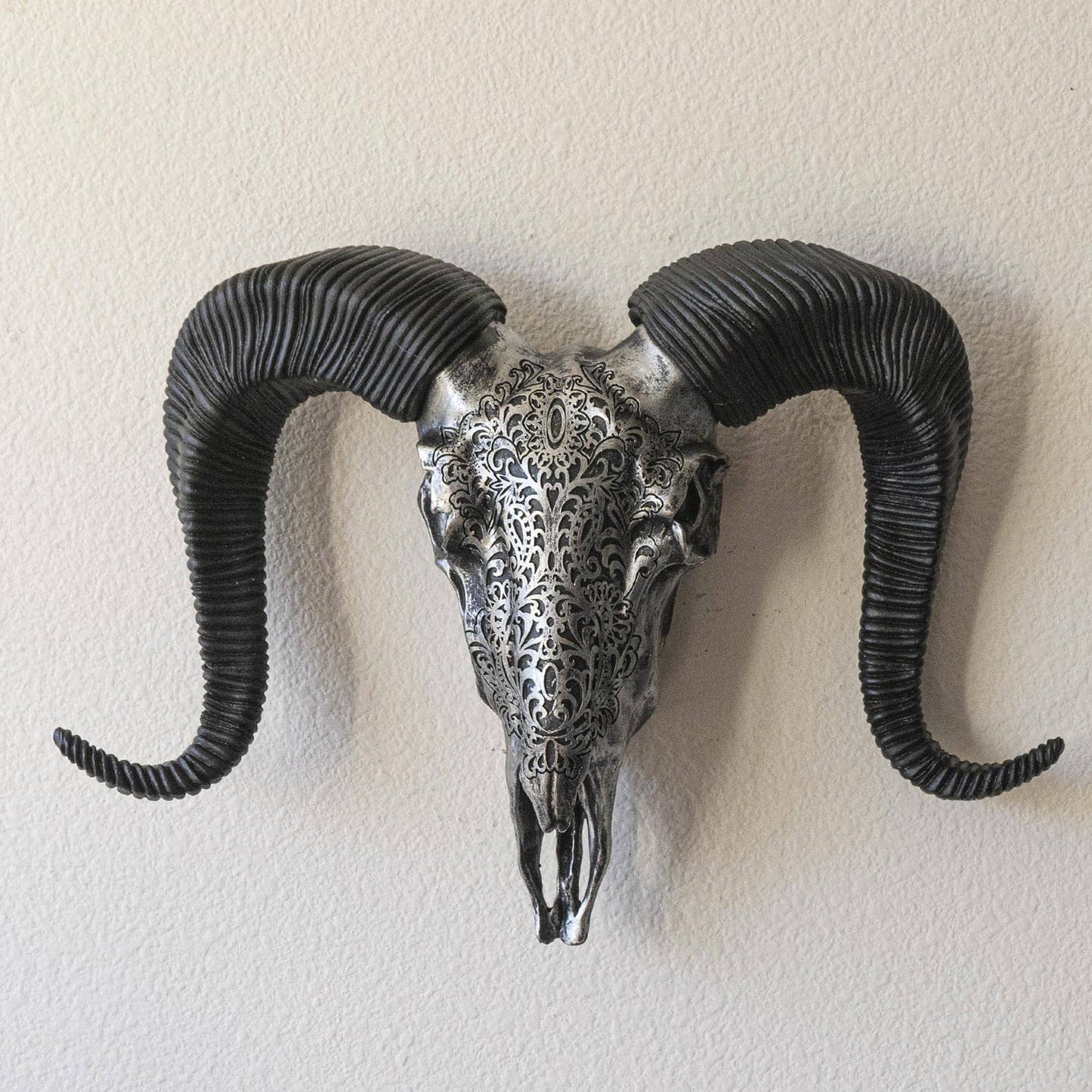 Carved Silver Ram Decorative Skull