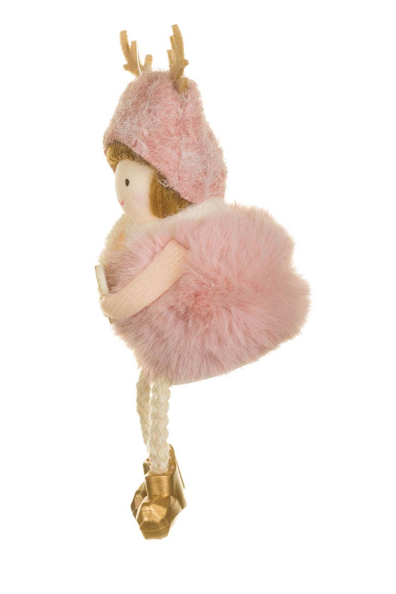 Pink Sitting Fluffy Girl Doll With Reindeer Hat