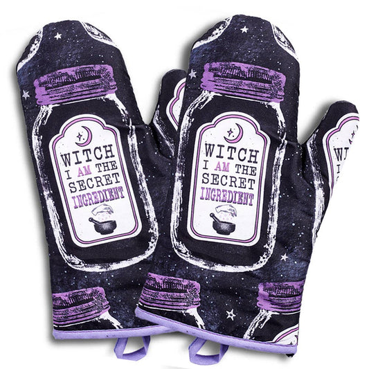 Kitchen Witch Oven Mitt Set - Purple Black and White