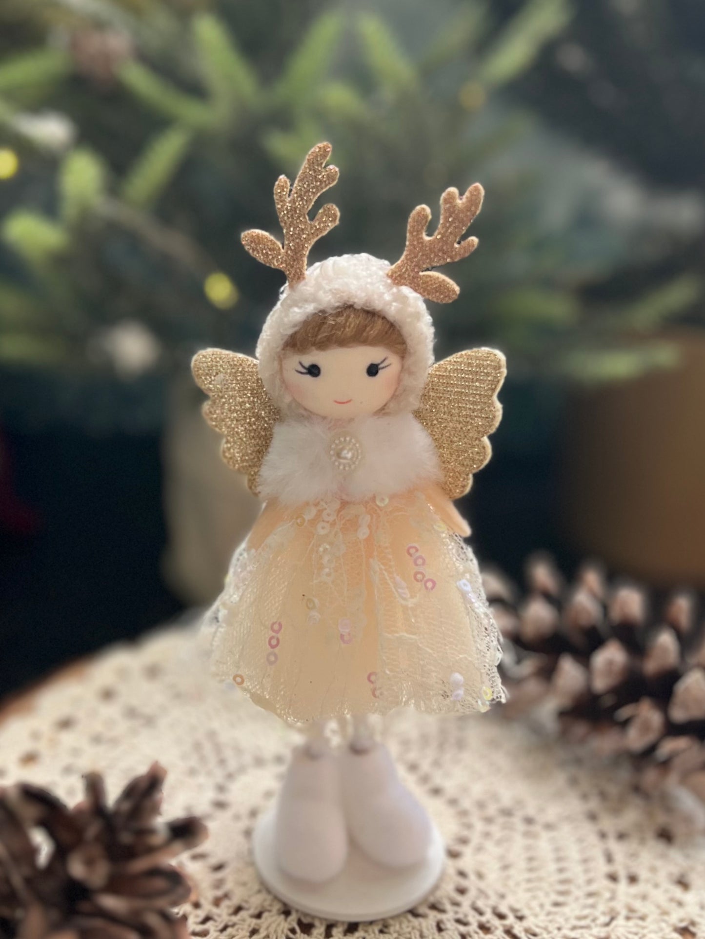 White/Gold Cherubic Flying Angel Ornament with Dangling Legs