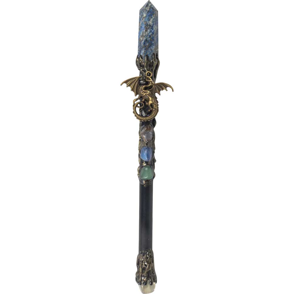 Crystal Wand - Lapis Point with Gold Dragon 10"