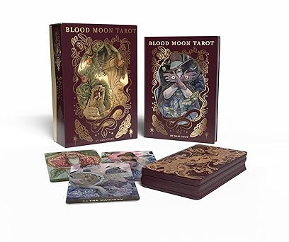 Blood Moon Tarot: Deluxe 78-Card Tarot Deck with Ethereal Watercolor Art, Linen Finish, Burgundy Edges, and Hardcover Book – Gold Foil-Accented Set