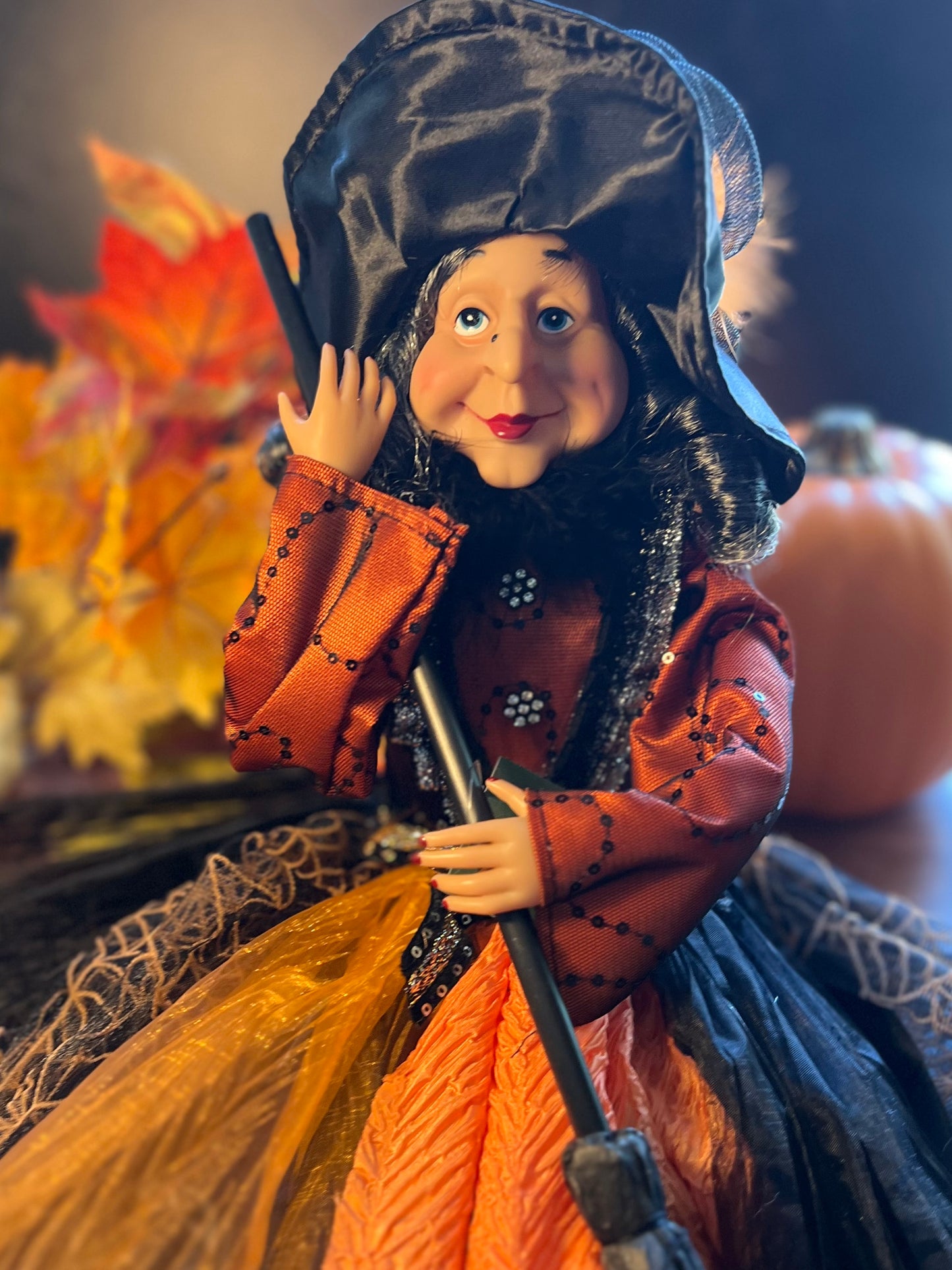 Orange/Black Witch with Broom
