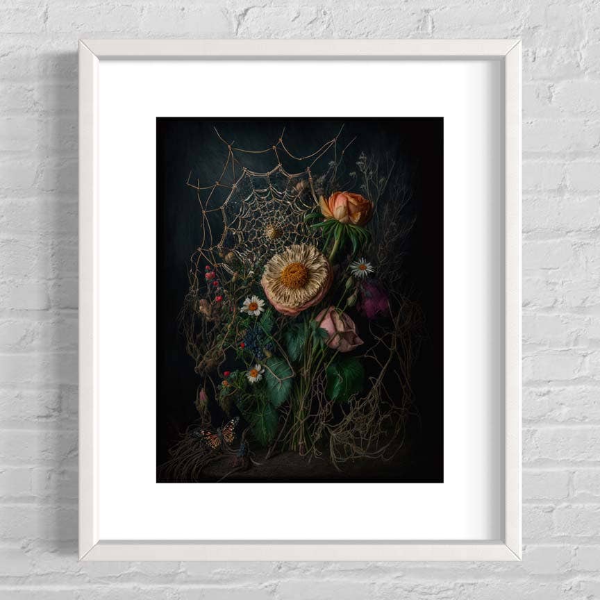 Flowers and Spiderweb Art Print - 8x10