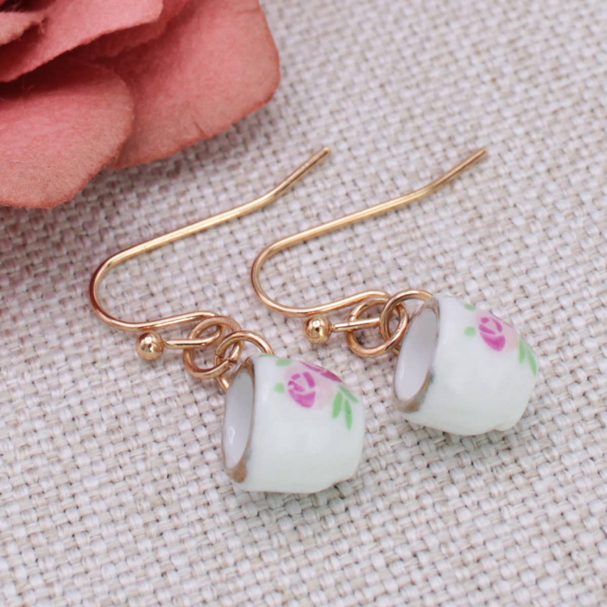 Tea Time Pink Floral Teacup Gold Earrings