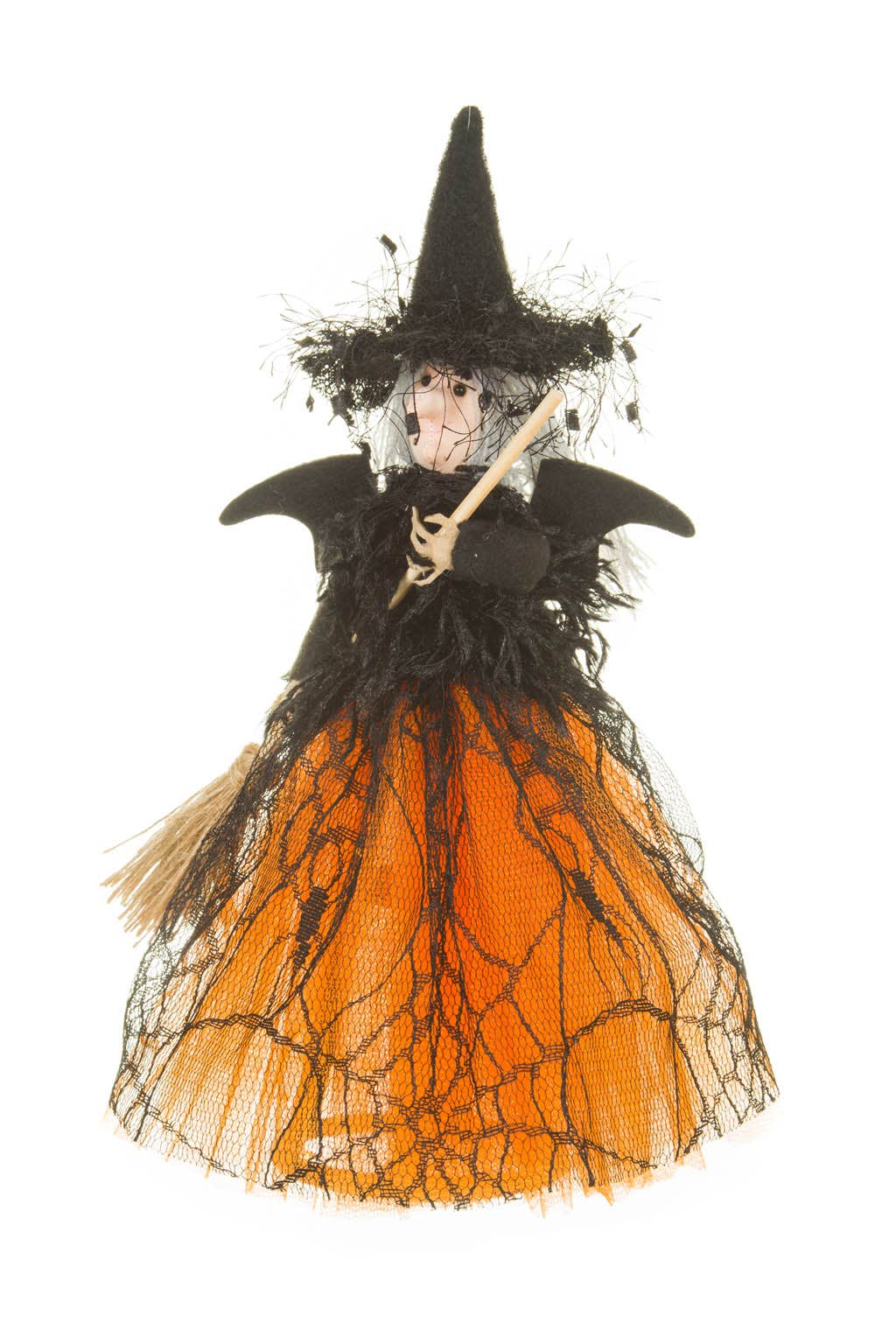 Orange/Black Bony Grinning Witch with Bat Wings