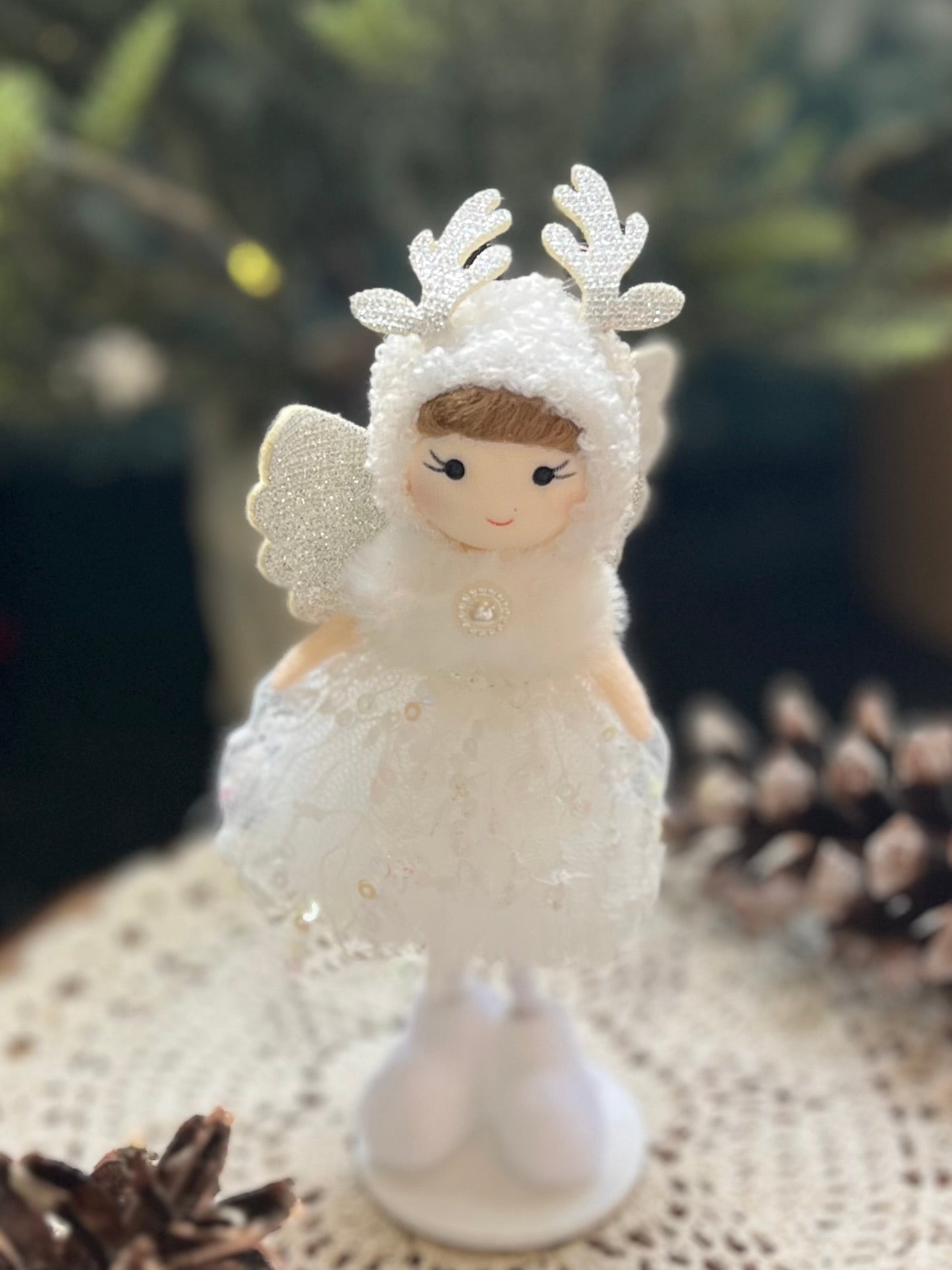 White Cozy Cherub Girl Doll with Deer Horns