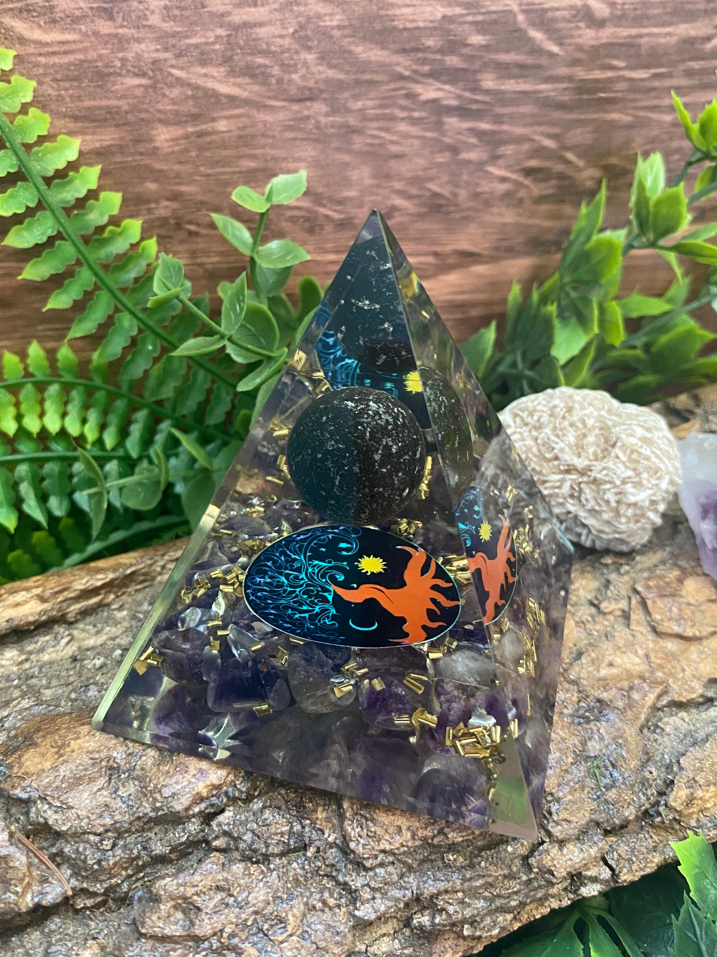 Amethyst Chip Orgonite Pyramid w/ Black Crystal Sphere