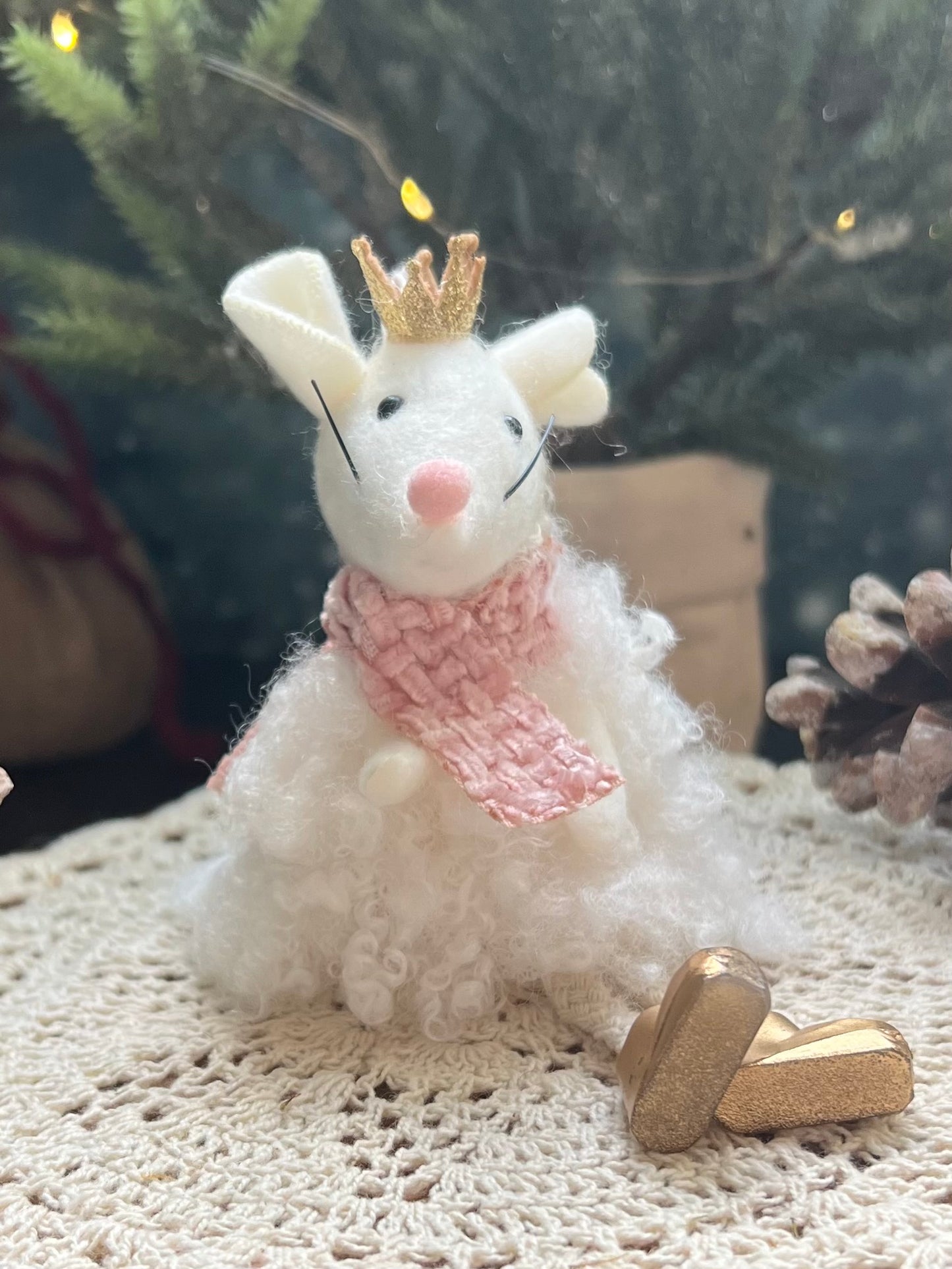 White/Pink Furry Sugarplum Mouse Princess Ornament
