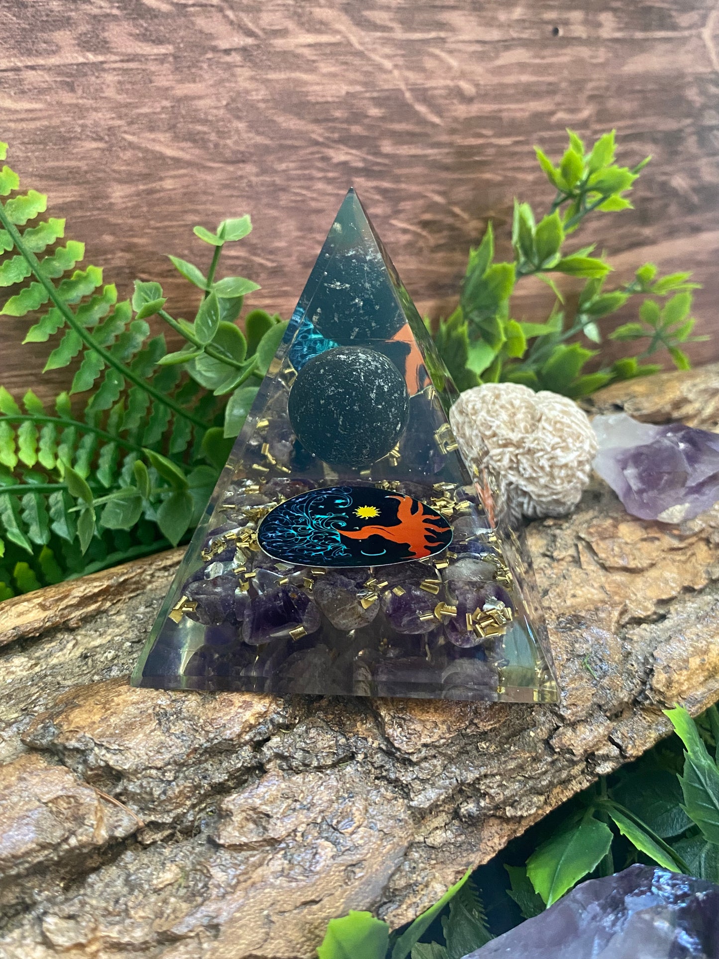 Amethyst Chip Orgonite Pyramid w/ Black Crystal Sphere