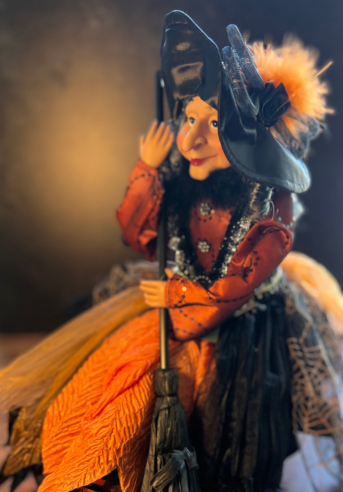 Orange/Black Witch with Broom