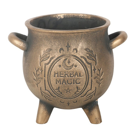 Green Witch Herbal Magic Bronze Look Cauldron Plant Pot