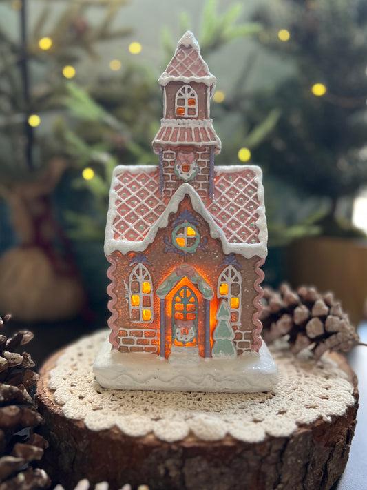 White & Pink Glittery Led Gingerbread House Display