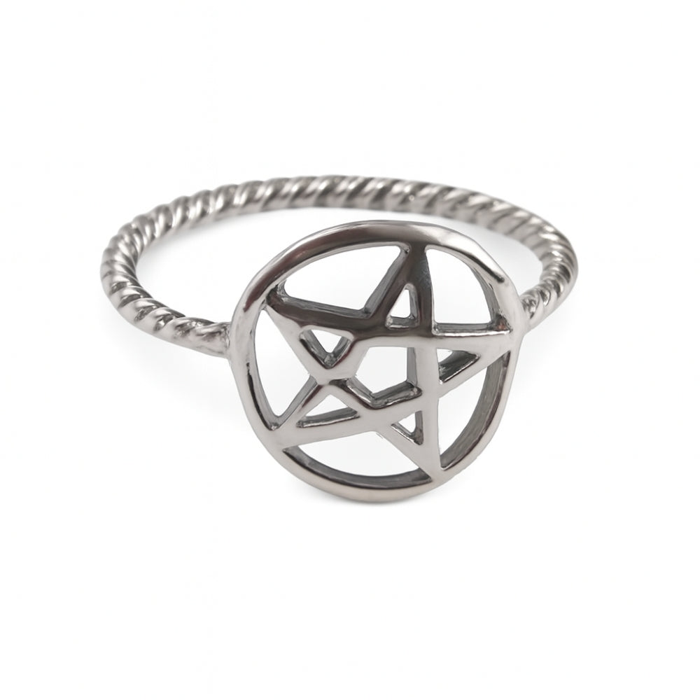 Pentacle Sterling Silver Ring with Rope Band