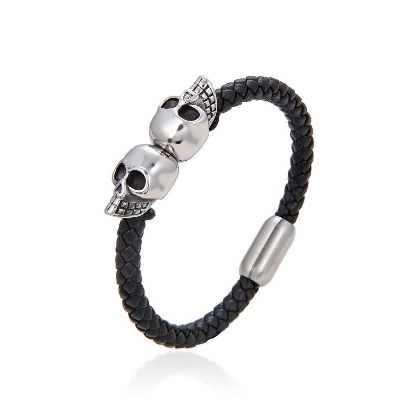 Leather Silver Skull Bracelet