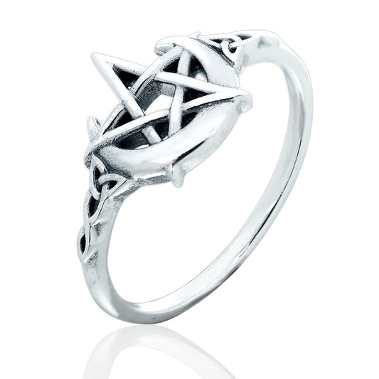 Crescent Moon Pentagram Ring - Size 10