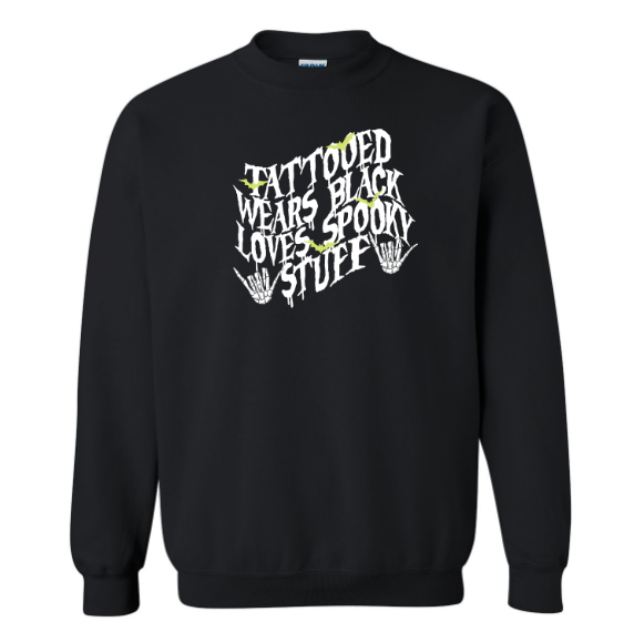 Tattooed Wears Black Loves Spooky Stuff Crewneck Black