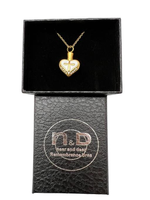 Memorial Urn Pendant - Gold Heart with Cross