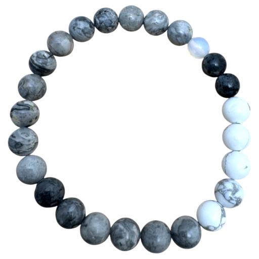 Moon Bracelet: Grey Map Jasper, Howlite, Black Labradorite & Opal Gemstone Bracelet 8mm