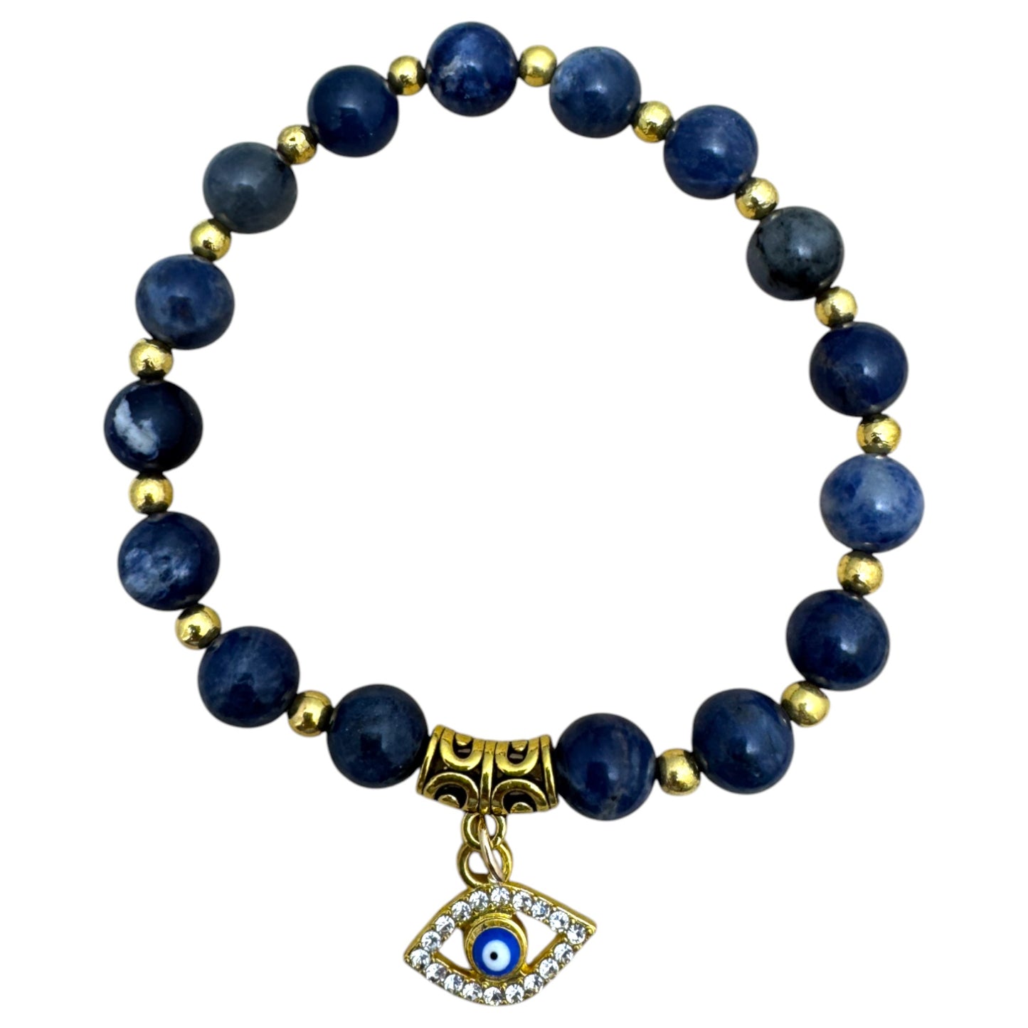 Sodalite with Evil Eye & Gold Beads Bracelet, 8mm