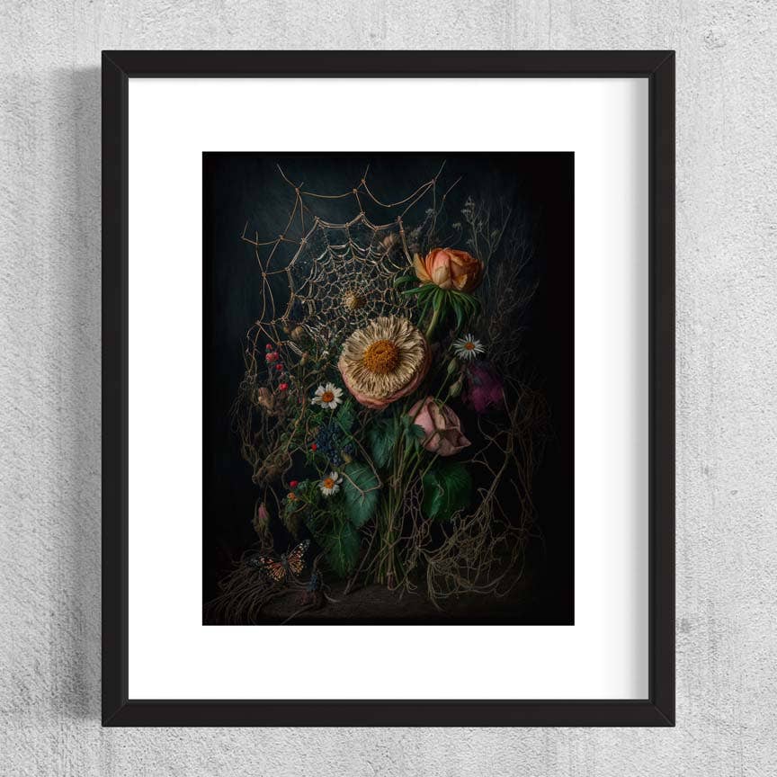 Flowers and Spiderweb Art Print - 8x10